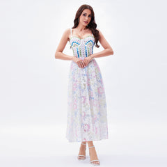 French Romantic Holiday Beaded Strap Tube Top Dress Three Dimensional Floral Fairy Boning Corset Waist Tight Princess Sling Dress