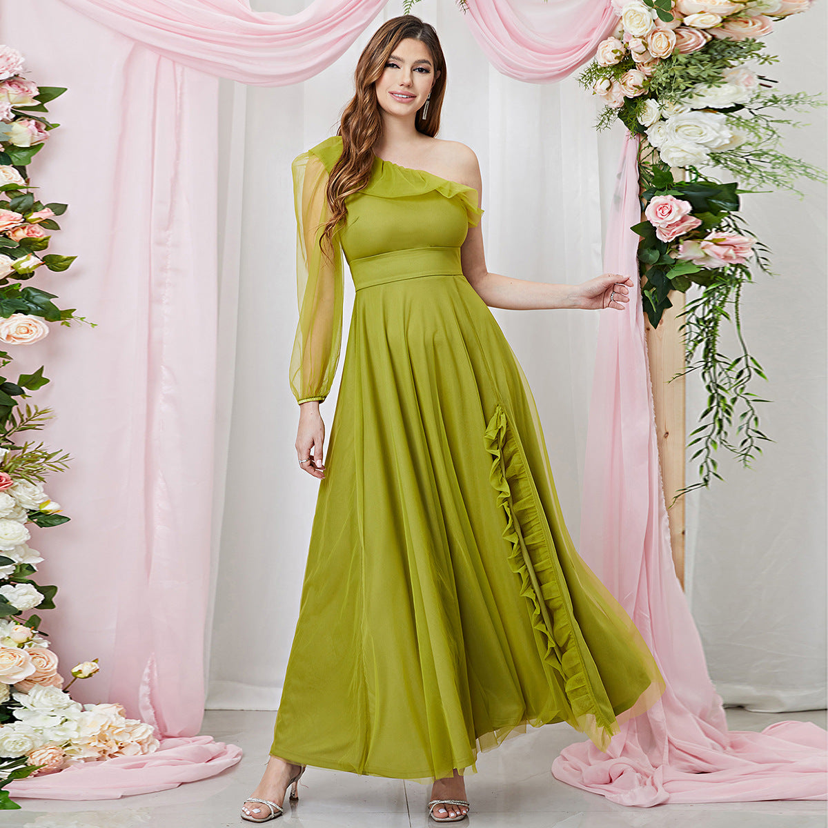 Maxi Dress Large Slant Shoulder High Slit Cocktail Elegant Senior Evening Dress
