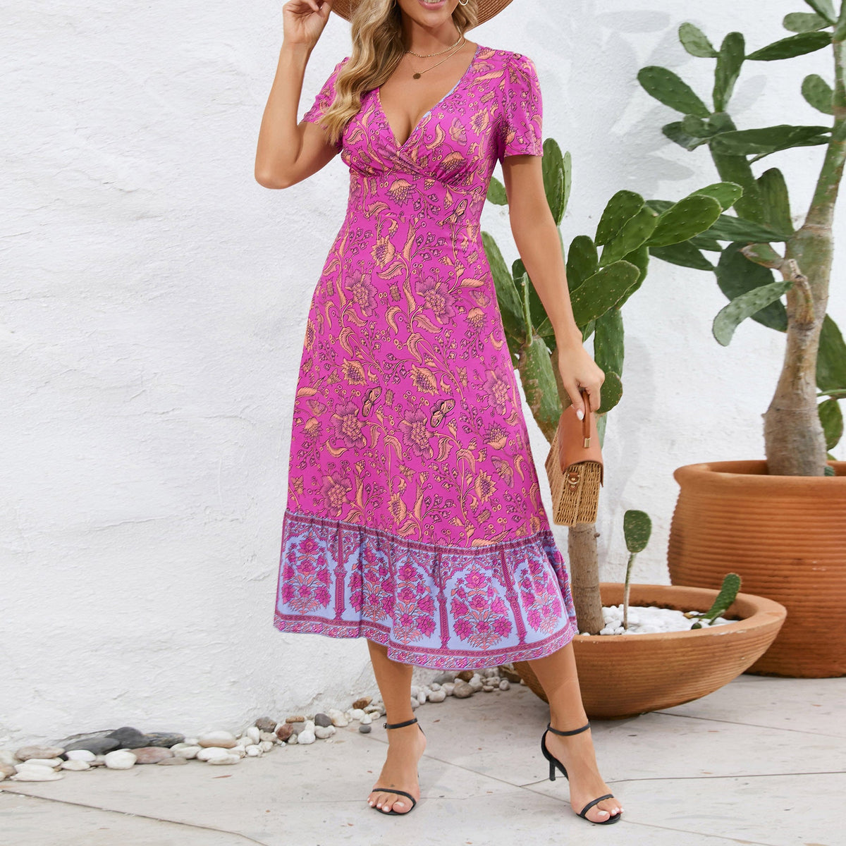 Short Sleeve V Neck Dress Bohemian Beach Vintage Floral Summer