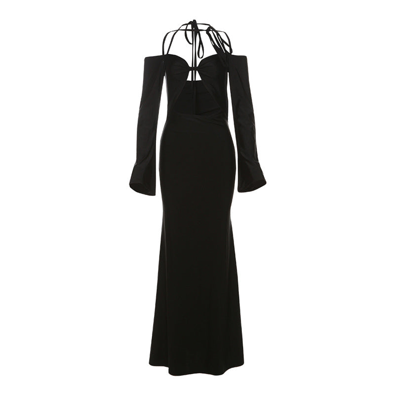 Hollow Out Cutout out Backless Lace up Halterneck Solid Color