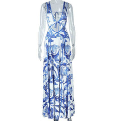Comfort Casual Backless Blue White Printed Fairy Dress V neck Sling Dress