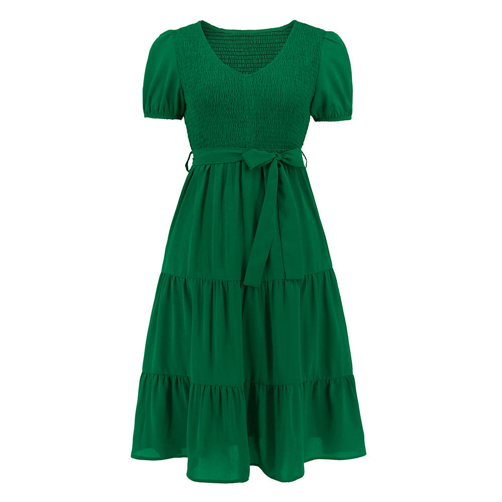 round Neck Short Sleeve Slim Fit Large Swing Stitching Tiered Dress Casual Dress