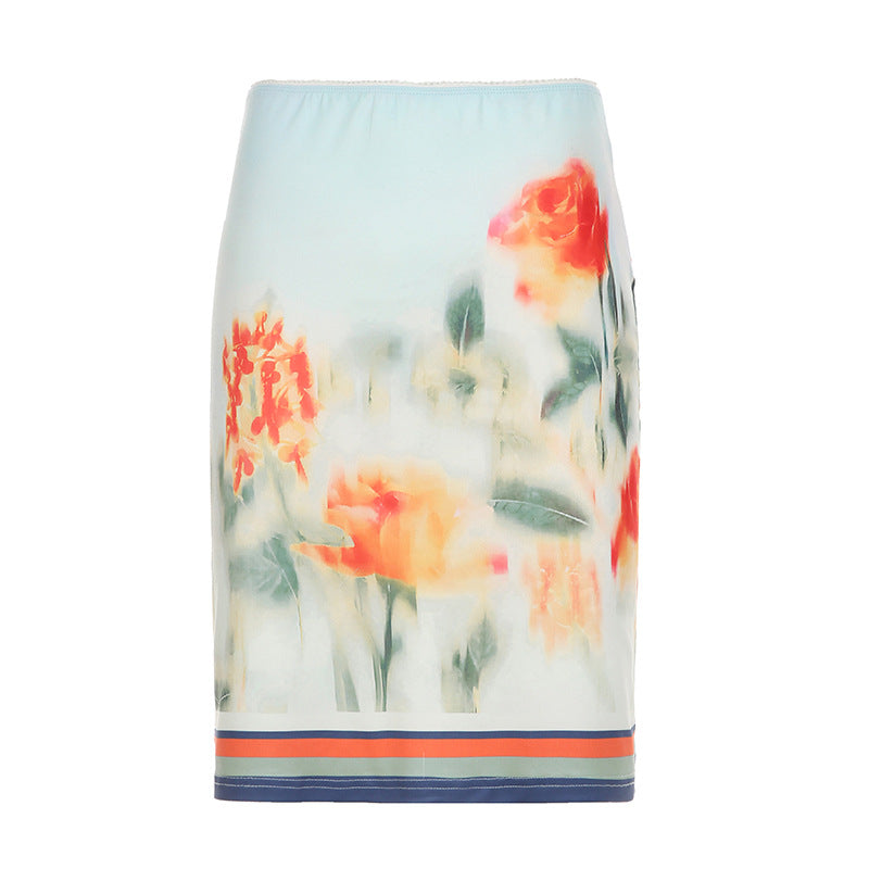 Conjunto de dos piezas de falda de vacaciones con estampado tie-dye retro de atardecer, vestido tubo con tirantes y falda de longitud media