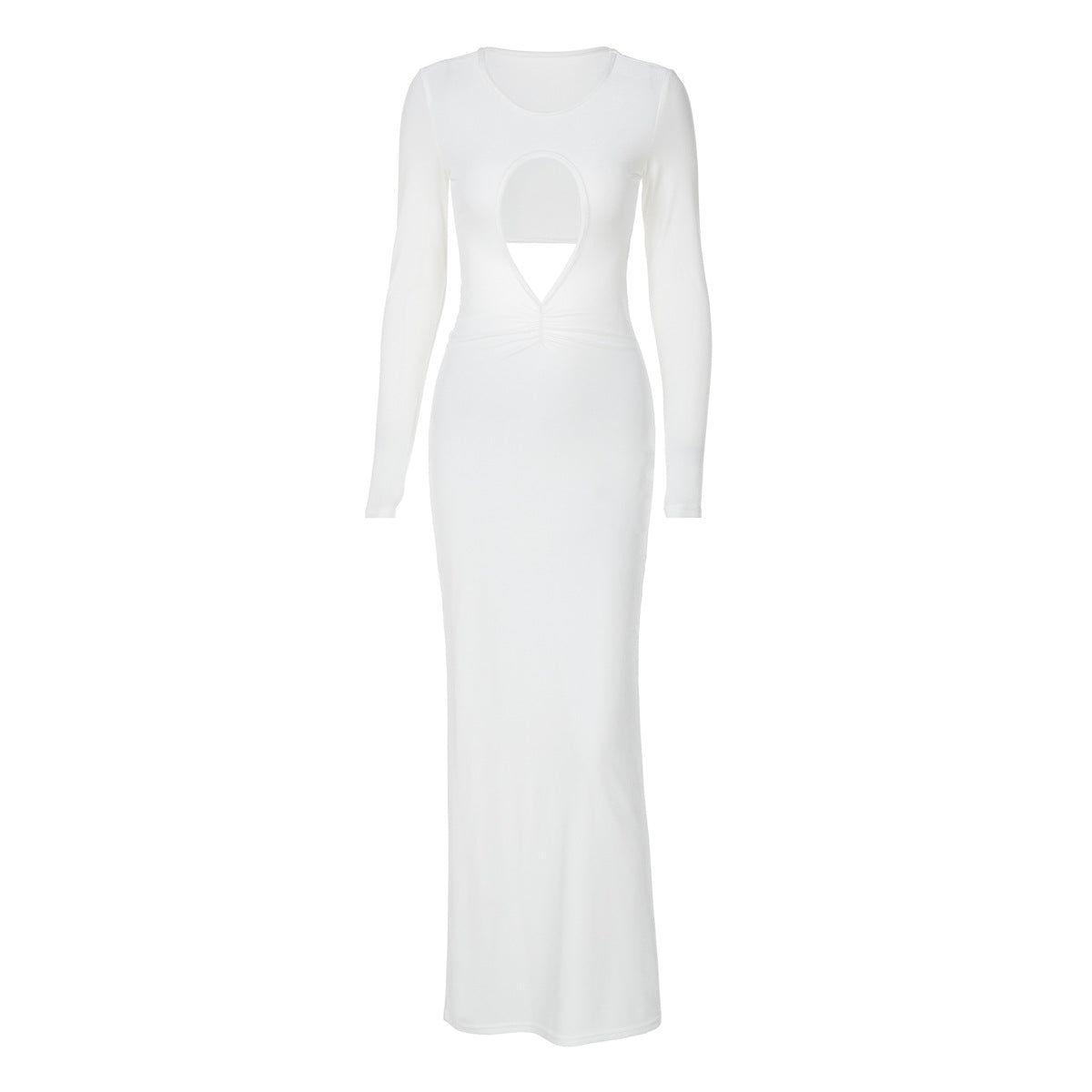 Cutout Slim Pleated Solid Color Long Sleeve Dress