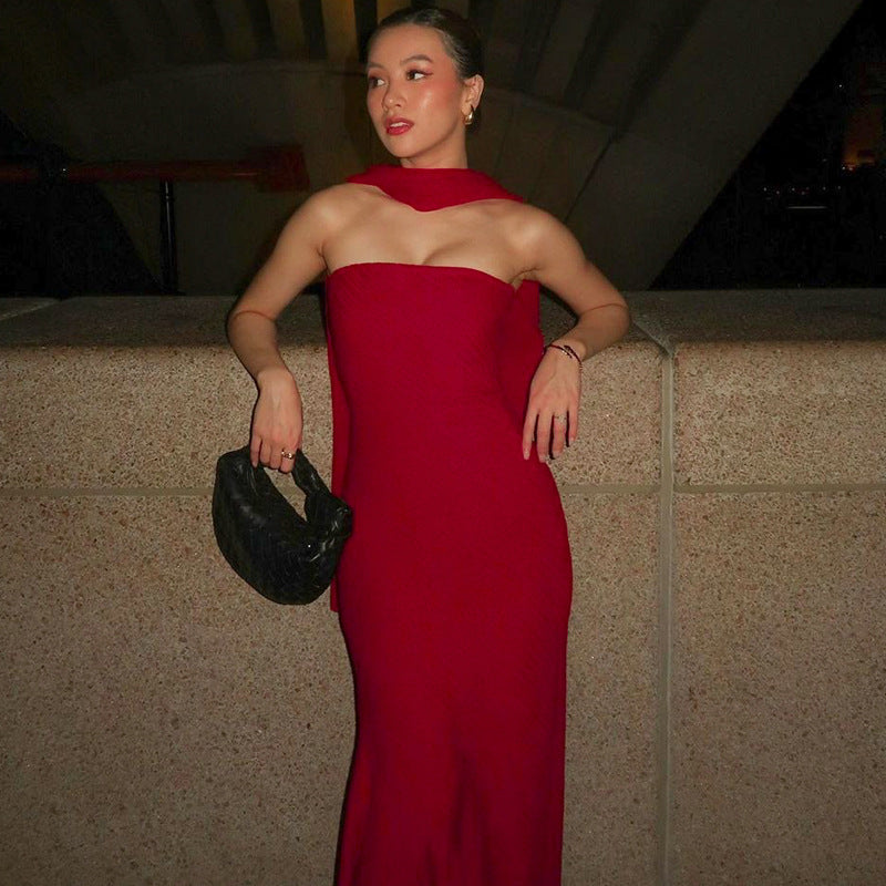 Vestido elegante de otoño, ajustado, de cintura media, cruzado en el pecho, con dobladillo de pez y estampado de chal en la parte inferior