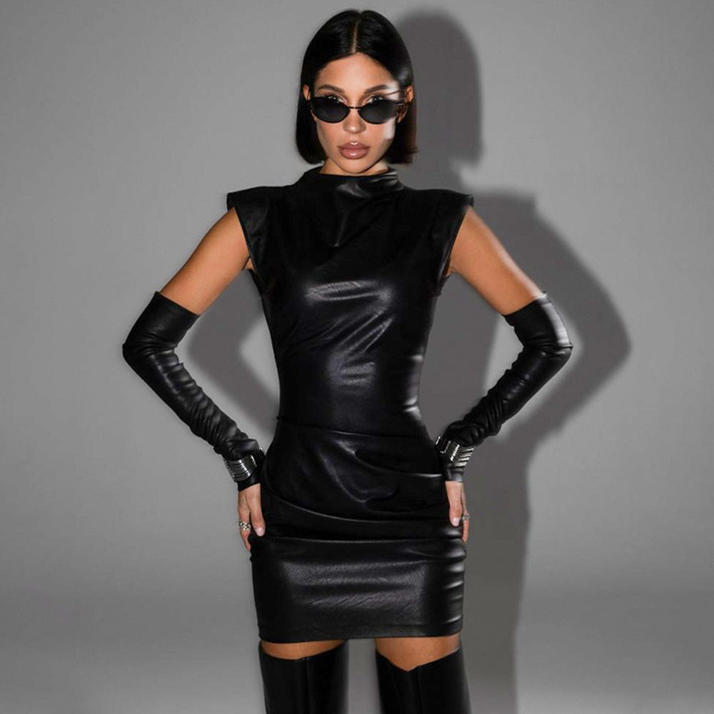Vestido estilo hipster de piel sintética, sin mangas, cuello alto y mangas largas, plisado