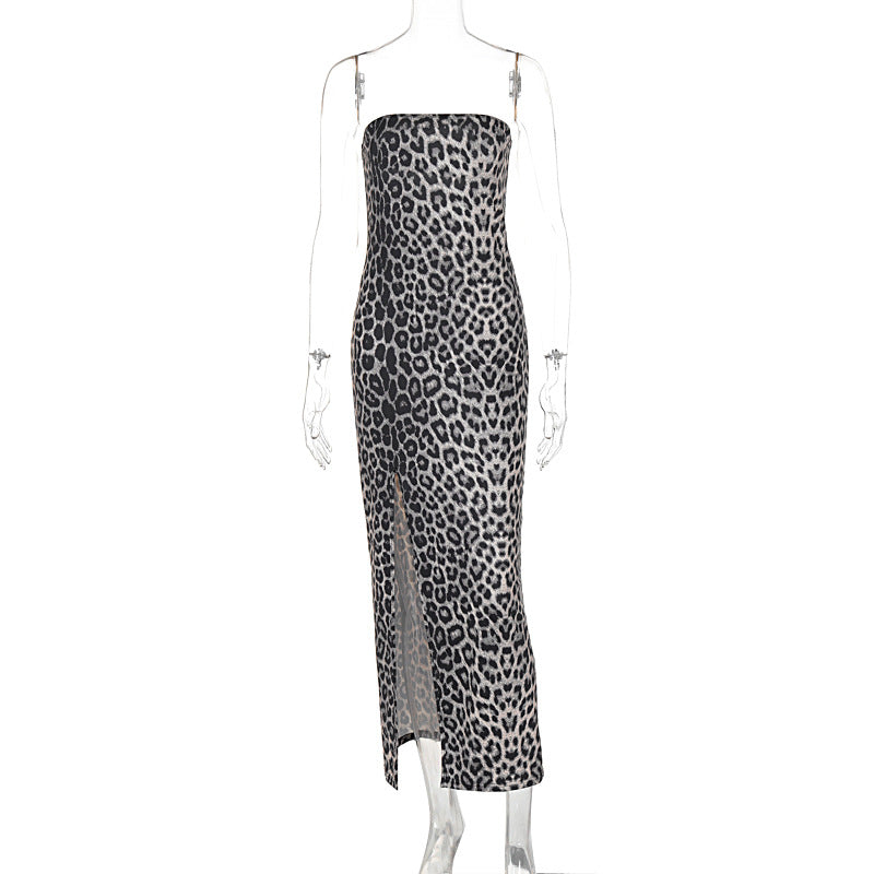 Leopard Print Slim Fit Slimming Tube Top Backless Split