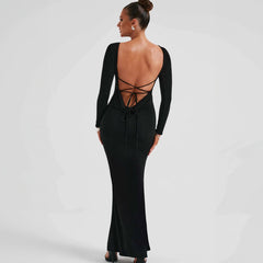 Long Sleeve Lace up Series Hollow Out Cutout Sheath Dress