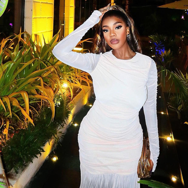Solid Color Dress round Neck Long Sleeve Mesh Stitching Casual Dress