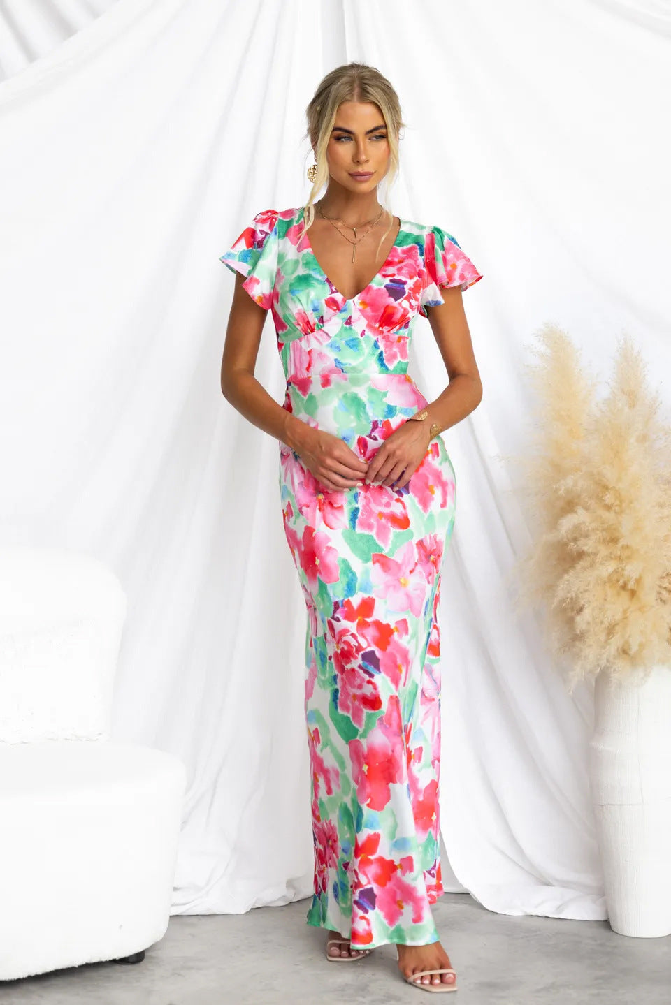 Floral Fresh Sweet V neck Lotus Leaf Sleeve Mid Length Dress