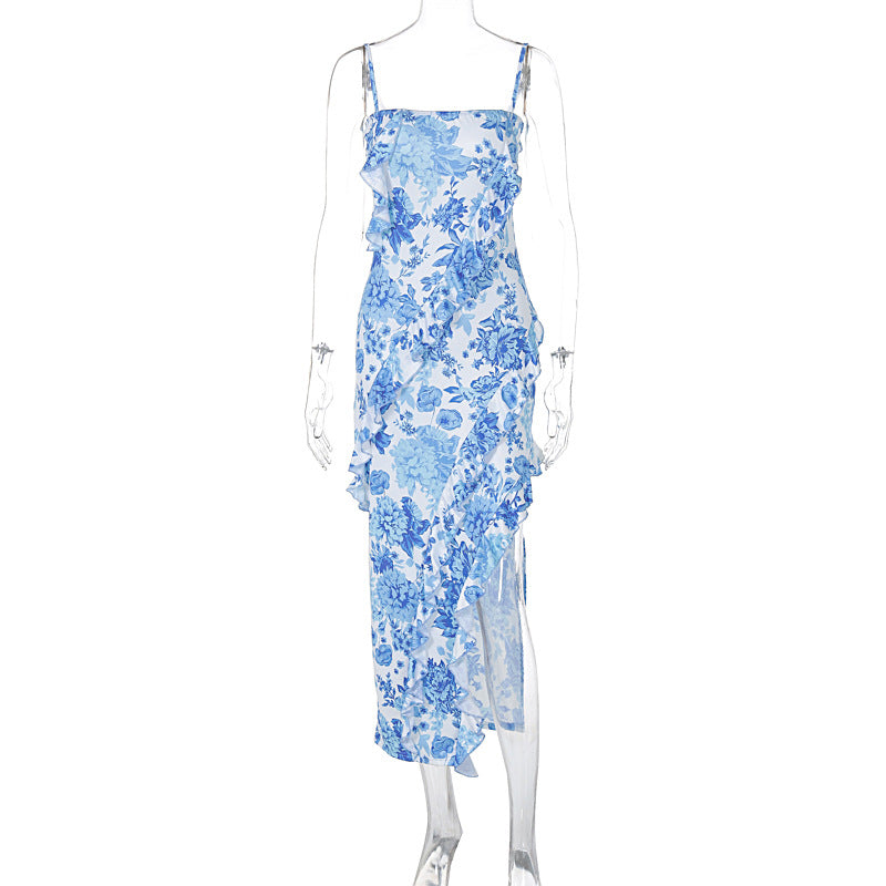 Off The Shoulder Floral Flounce Patchwork Slit Sling Dress