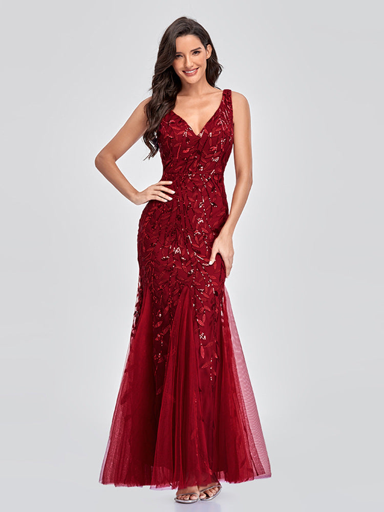 Evening Dress V neck Tulle Embroidered Sequ Mermaid Prom Formal Dress