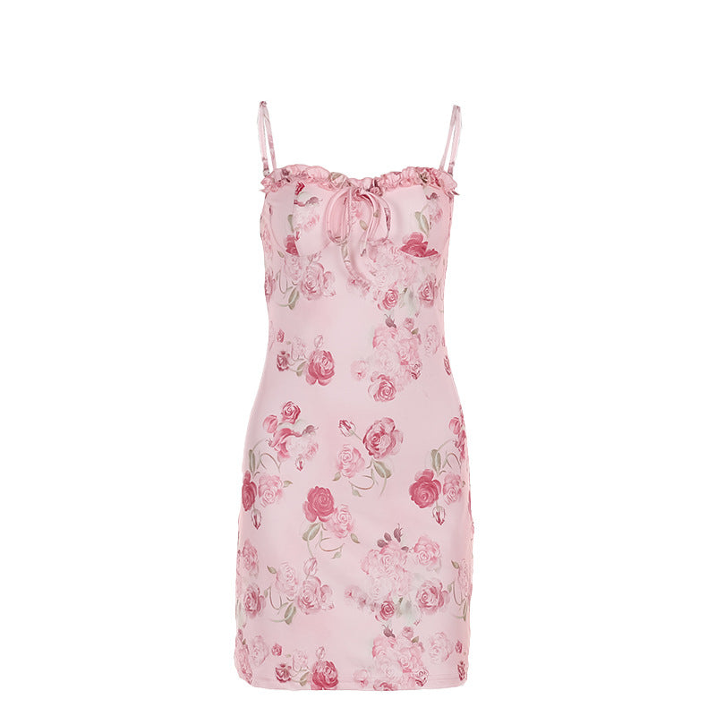 Rose Print Suspenders Casual Dress