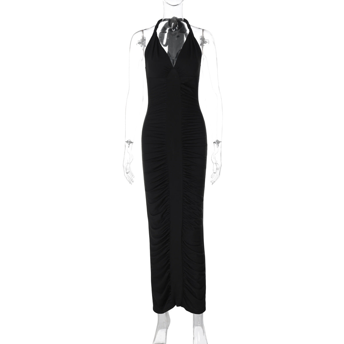 V neck Backless Lace up Slim Fit Pleated Dress