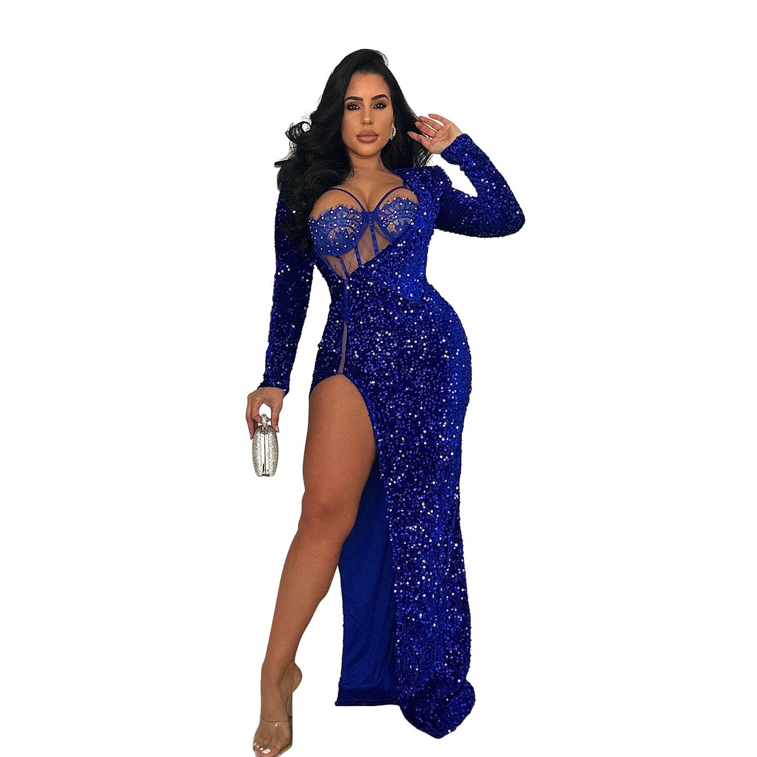 Wear Solid Color Sequ Slit Maxi Dress