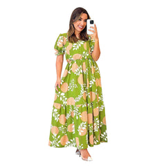 Dress Fresh Printed Square Collar Puff Sleeve Patchwork Ruffled Maxi Dress