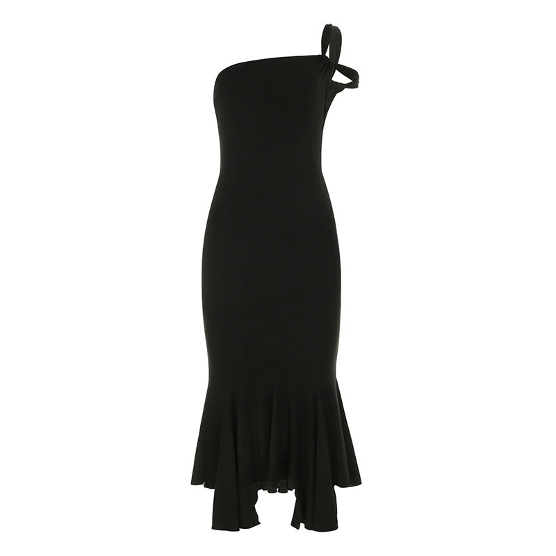 Vestido de mujer color sólido básico un hombro recortado volantes irregular asimétrico vestido de tubo superior
