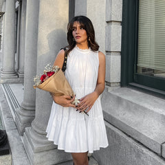 Vestido elegante blanco que combina con todo, cuello redondo, lazo, cordones, elegante, suelto, corto