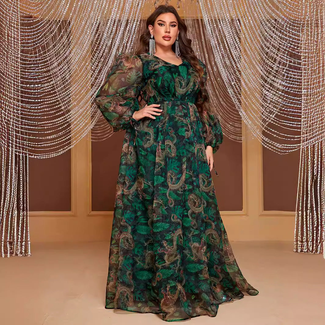 Plus Size Chiffon Maxi Dress Long Sleeve Elegant Random Print Maxi Dress for