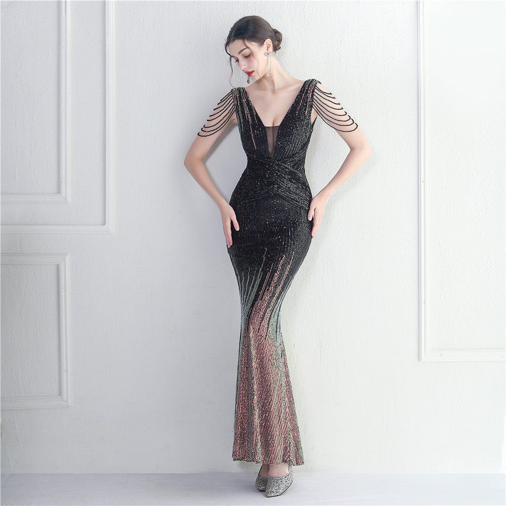 Craft Beaded Sequined Car Model Exhibition Host Dinner Long Evening Dress Fishtail Dress
