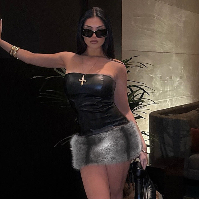 Collarless Leather Tube Top Plush Stitching Hip Short Dress