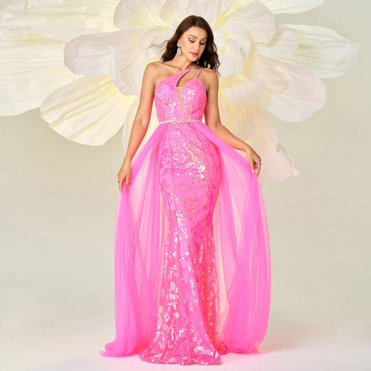 Vestido de cóctel de gasa con lentejuelas y cuello diagonal de un solo hombro de alta gama para dama de honor