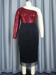 Vestido de lentejuelas de un solo hombro con cuello oblicuo y borlas para fiesta y cena