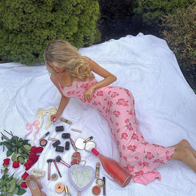 Mesh Floral Print Sling Slim Fit Dress Waist Controlled Dress