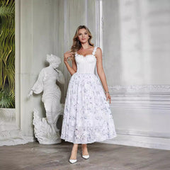 Vestido de gasa con vuelo amplio, estilo europeo francés, con tirantes finos, estampado de camelia tridimensional y corsé con varillas
