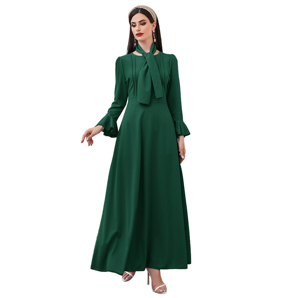round Neck Long Sleeve High Waist Ruffles A line Dress Maxi Dress