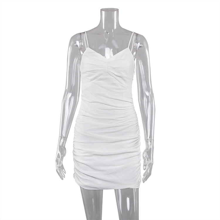 White V-neck Strap Slim Dress Backless Slip Dress Casual Sleeveless A- line