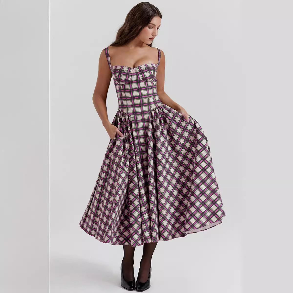 Vestido estilo europeo con cuello en U y cuadros, cintura estrecha, estilo retro, con vuelo grande
