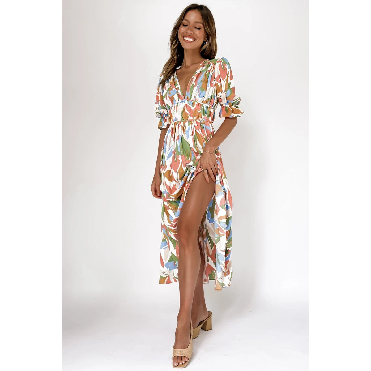 Digital Floral Print Fresh Sweet Mid-Length Dress