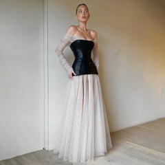 Vestido de retazos de piel sintética de malla blanca, vestido de manga larga, vestido de cóctel con parte superior de tubo, vestido de organza