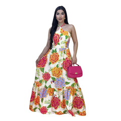 Vestido ajustado con cuello halter, espalda descubierta y cordones, estampado francés
