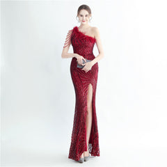 High Density Lamination Sequin Craft Order Ostrich Hair Beaded Oblique Shoulder High End Evening Dress