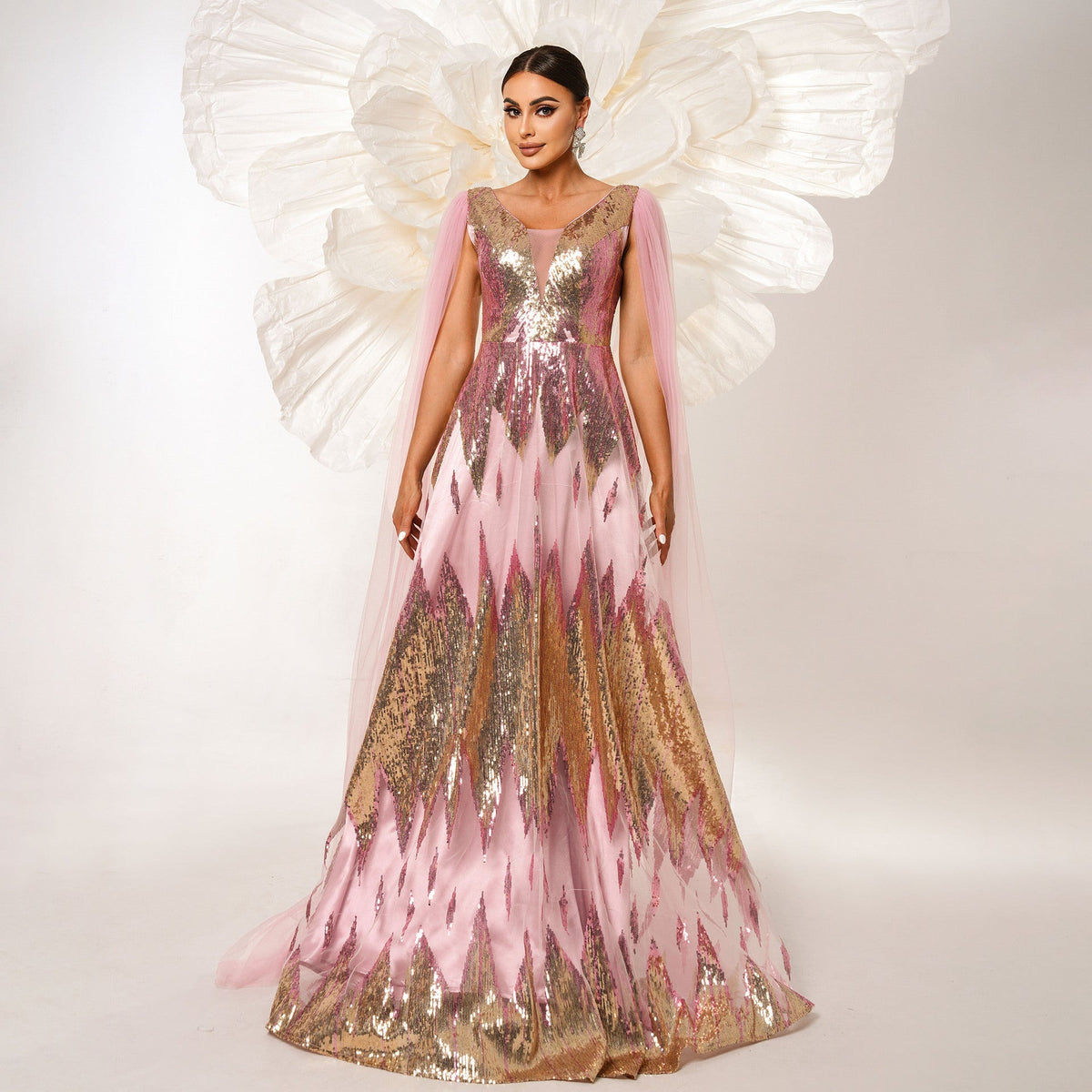 Vestido de noche de dama de honor de malla de alta calidad, manga larga, escote en V, lentejuelas y vuelo grande