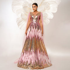 Vestido de noche de dama de honor de malla de alta calidad, manga larga, escote en V, lentejuelas y vuelo grande