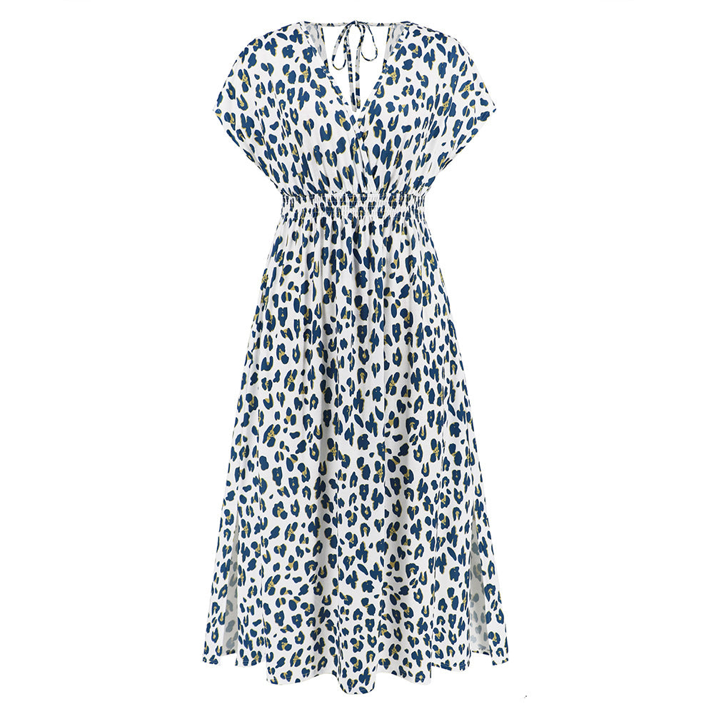 Vestido estampado de moda con mangas de murciélago, escote en V, espalda descubierta y cordones