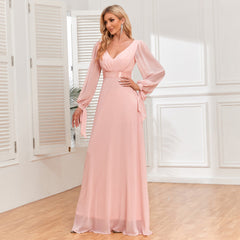 Vestido de gasa rosa con cordones, manga larga, escote en V, costuras, cintura elástica, vestido de noche amplio y con vuelo.