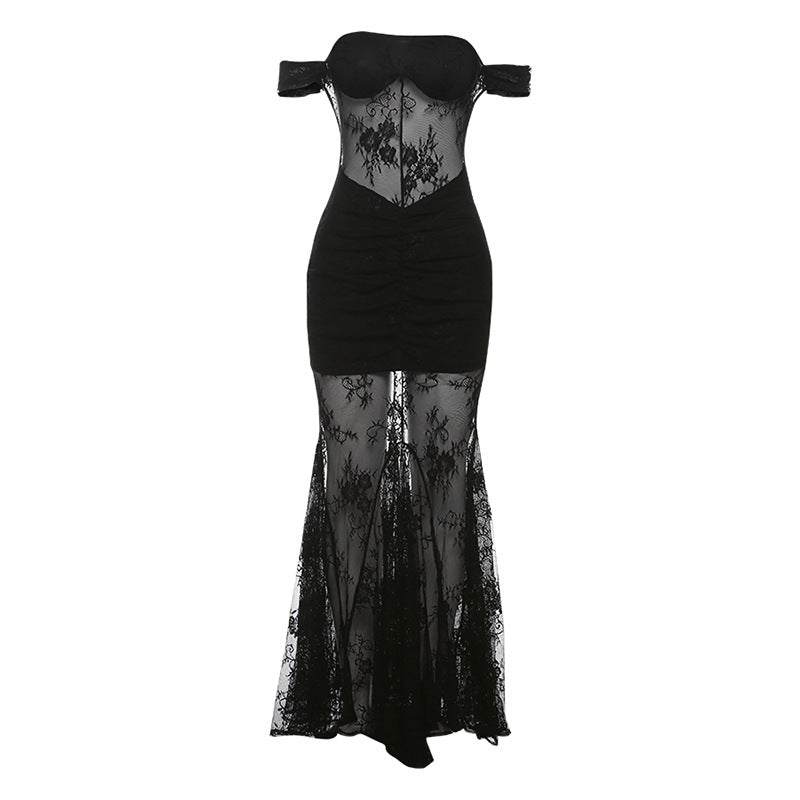 Elegant Lace See through off Shoulder Slim Dress Maxi Dress