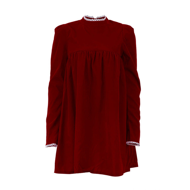 Velvet Turtleneck Long Sleeve Girl Dress Pleated Casual Dress