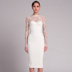 White Long Sleeve Lace Dress Backless Wear