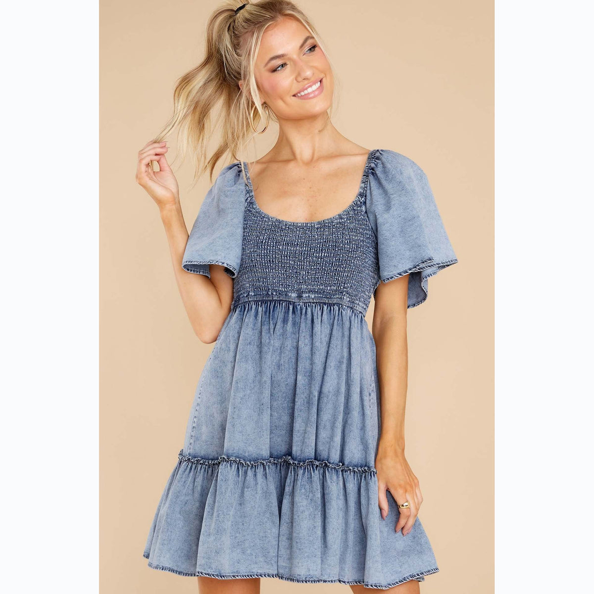 Close-Fitting Fresh Sweet Babydoll Denim Dress Smocked