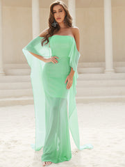 Strapless Short Sleeve Formal Elegant Lace Slim Bodycon Maxi Dress