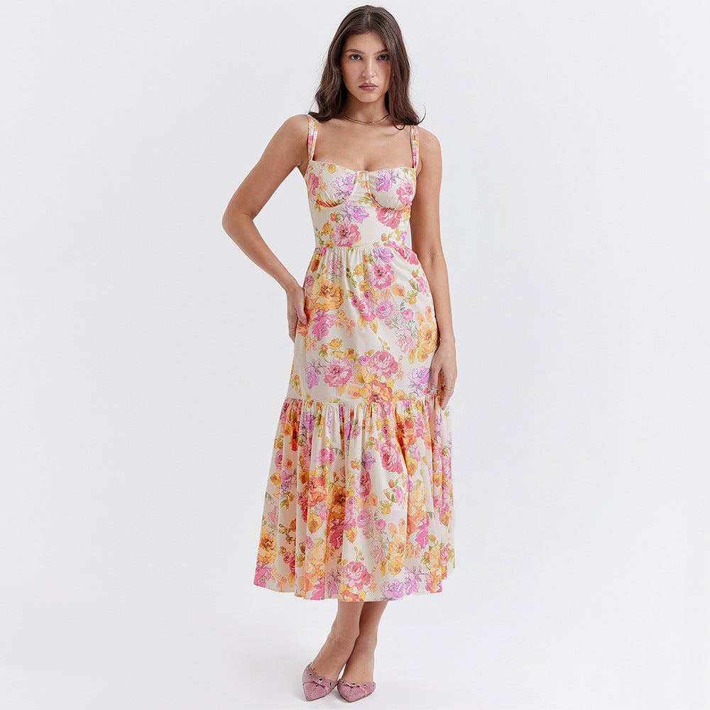Collection Dress Sweet Spicy Floral Midi Backless Sleeveless Strap Dress for Summer