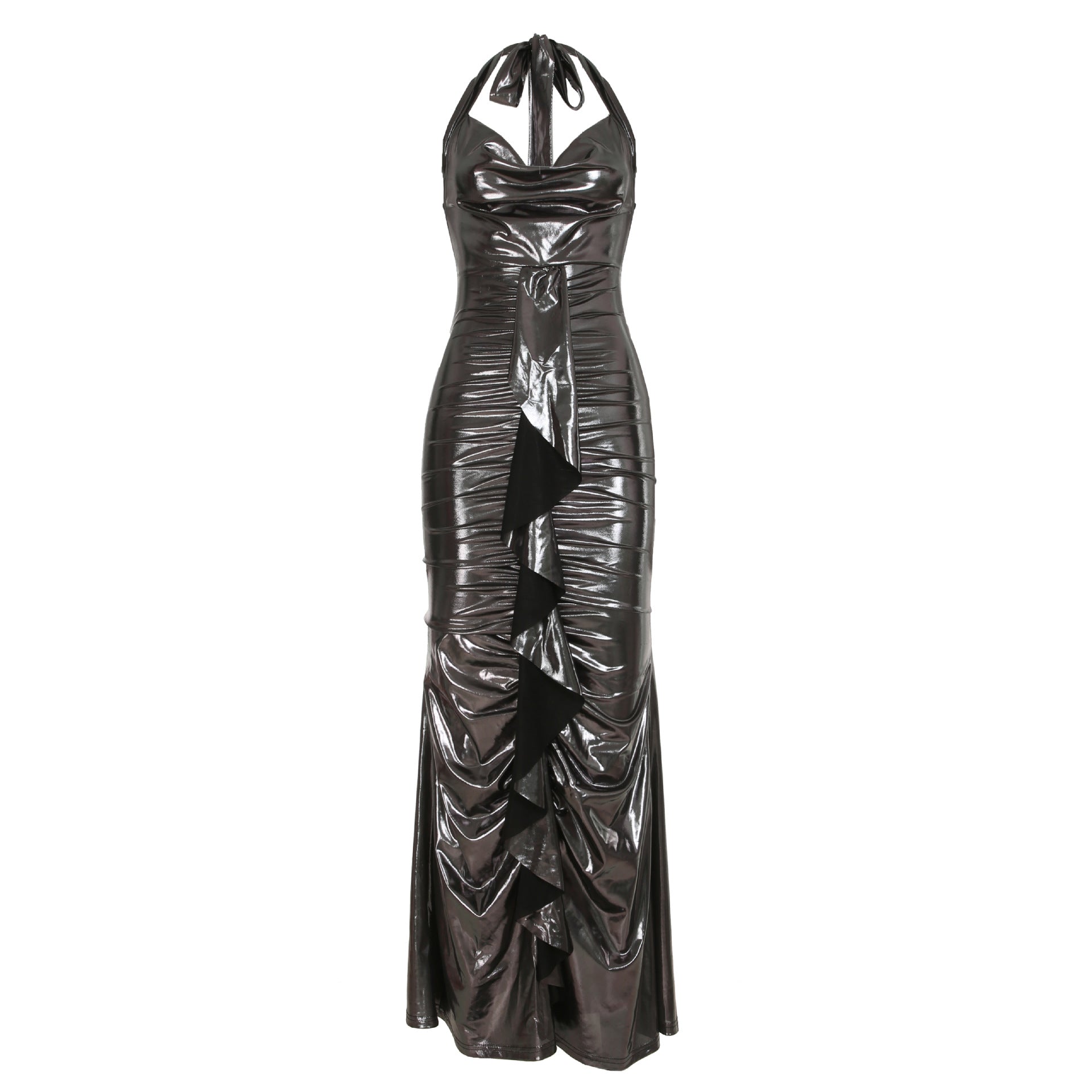 Elegant Glossy Backless Lace up Swing Collar Slim Fit Sheath Mop Dress
