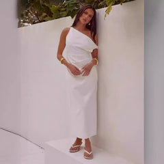 Solid Color Sloping Shoulder off the Shoulder Mid Length to Maxi Dress