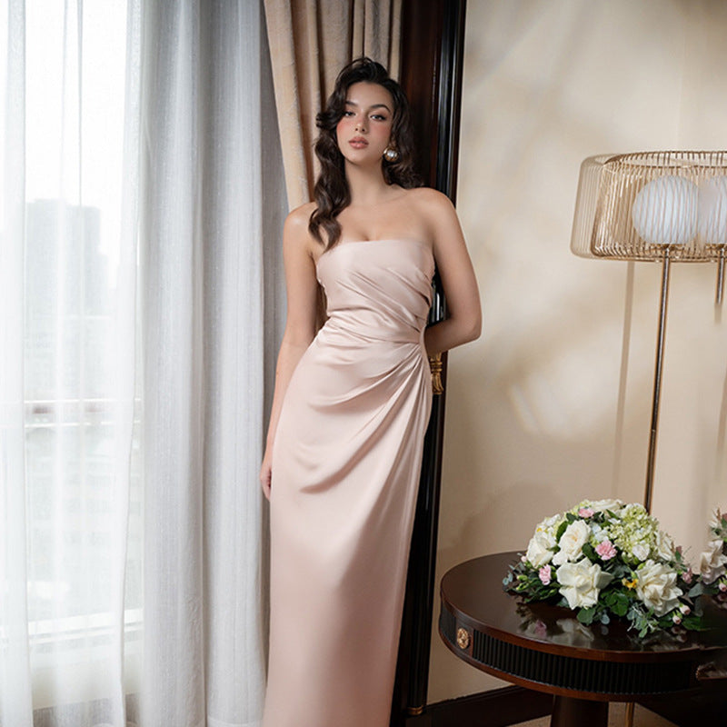 Fall Type Hip Socialite Elegant Slim Tube Top Satin