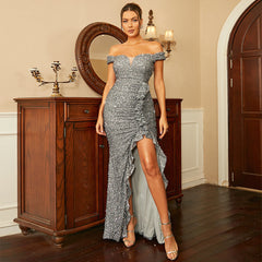 Sleeveless Elegant Long Sequined off-Neck Backless Evening Dress Split Maxi Dress